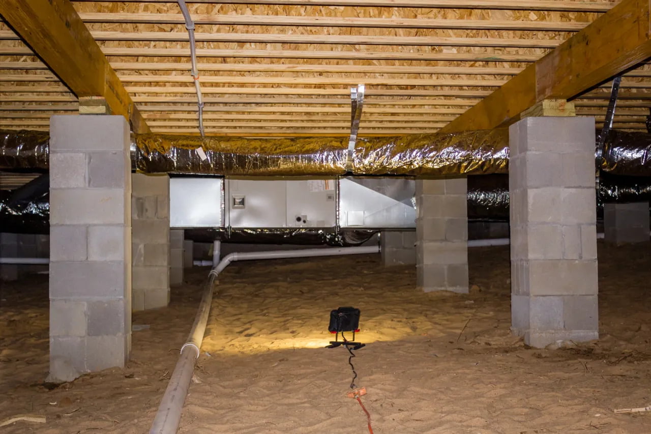 A crawl space with new ventilation pipes.